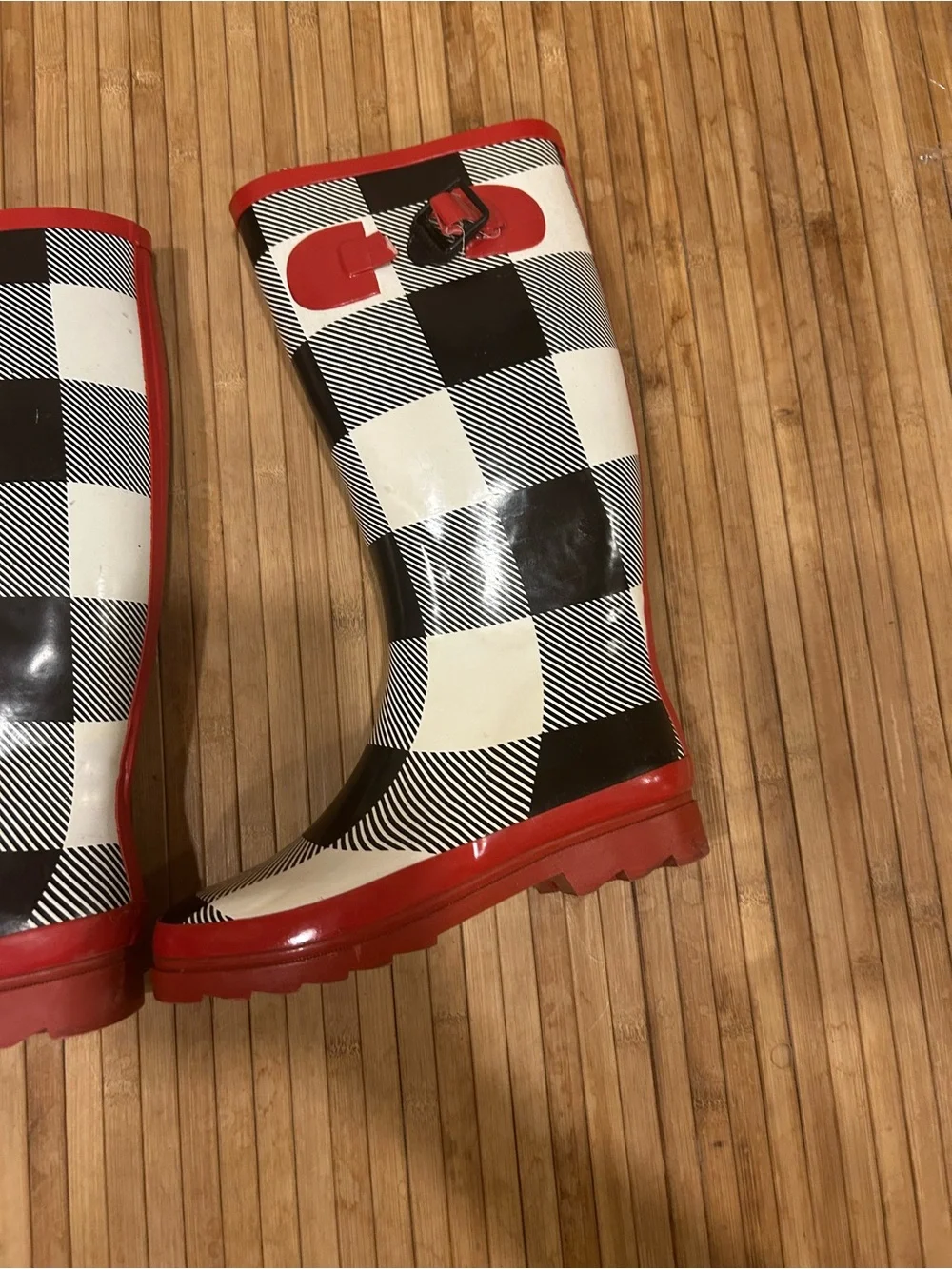 Preppy 6 Retro/Vintage Inspired Black Cream Red Checkered Rainboots Rain Boots